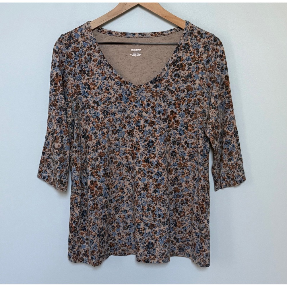 Pure Jill J. Jill Floral V-Neck Top Blue Brown Cotton Modal 3/4 Sleeve Small